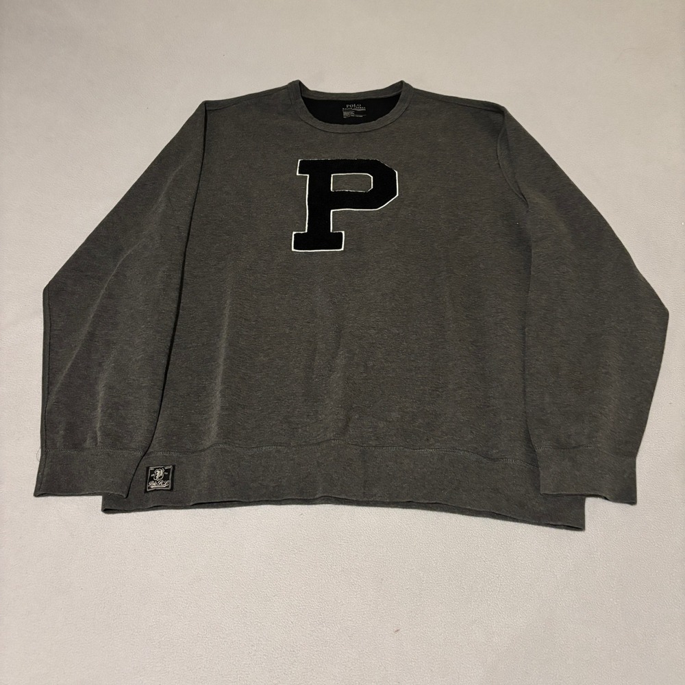 Polo Ralph Lauren Mens XXL Performance Grey Chenille P Patch Crewneck Sweatshirt